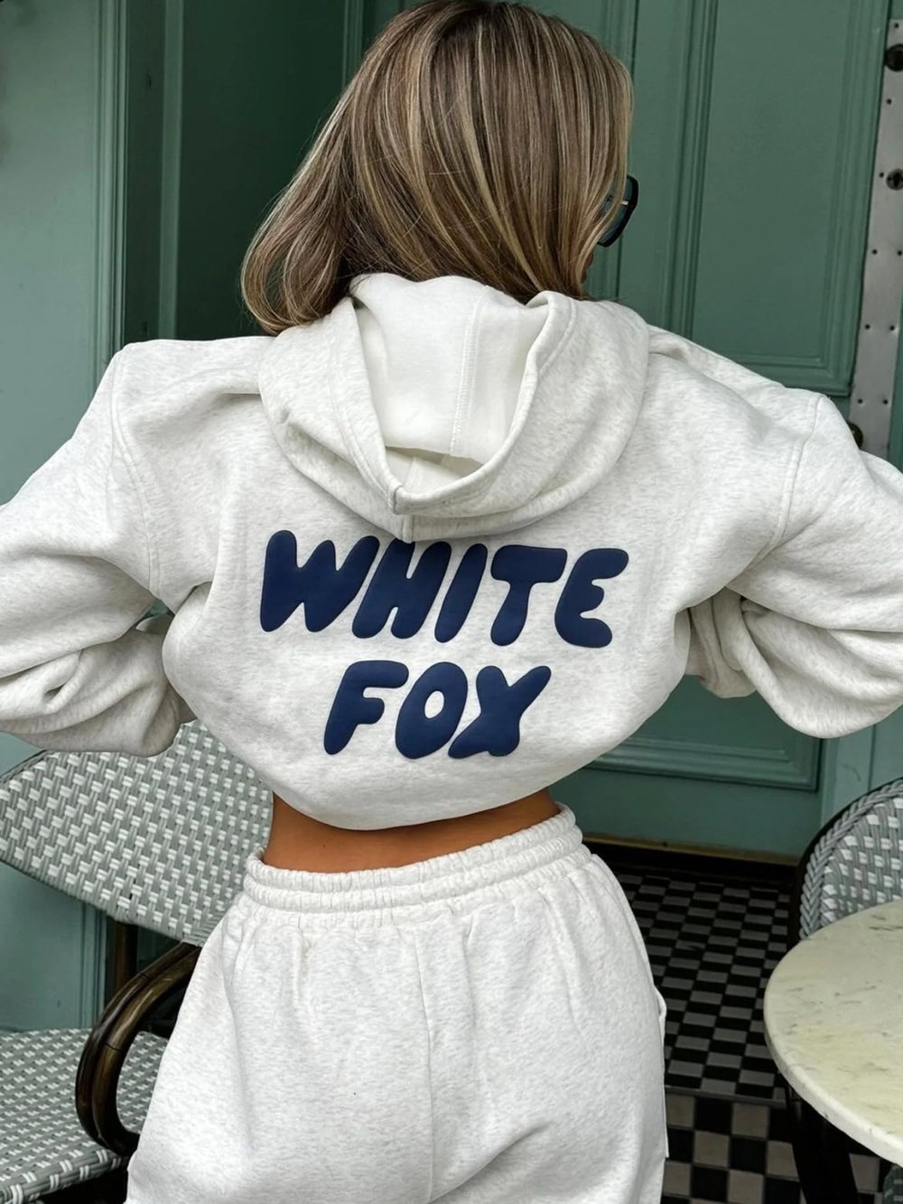 White Fox Cream Cropped Hoodie with Navy Logo